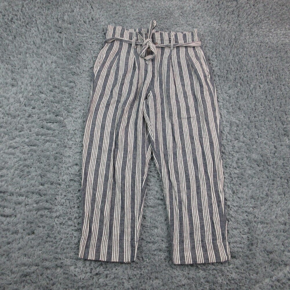 Madewell Pants Womens 8 Blue Striped Linen Paperbag Crop Belted 31x24.5*